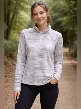 Eddie Bauer Striped Quarter Zip Women’s S Fleece Pullover Gray Lightweight
